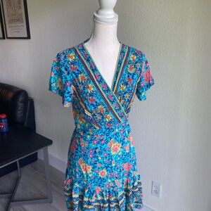 Zesica Blue Floral Boho V Neck Midi Wrap Dress